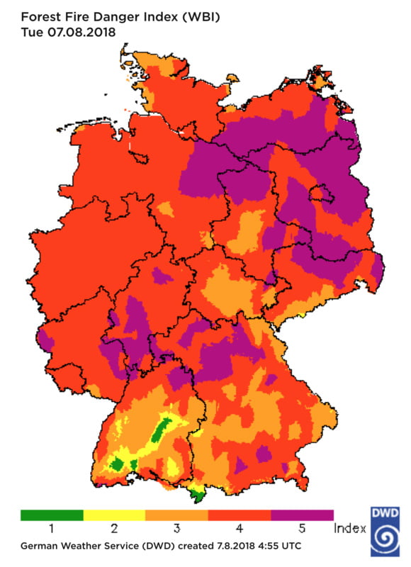 Индекс пожароопасности в лесах на территории Германии на начало августа 2018 года