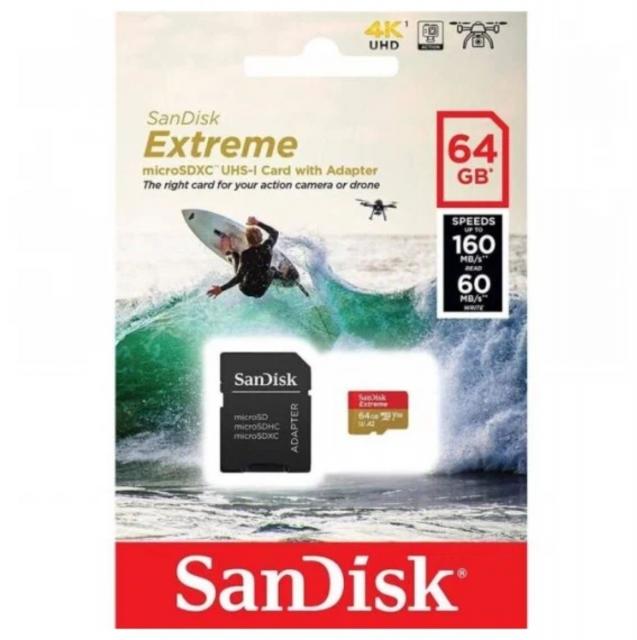 Карта памяти SanDisk microSDXC 64ГБ Extreme 160MB/Sec, UHS-I U3, Class 10